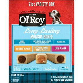 Ol Roy Munchy Bone Dog Treats, Variety Pack, 21 Count, 60 oz | Long-Lasting Chews for All Dog Sizes | Assorted Flavors: Chicken, Liver, Peanut Butter