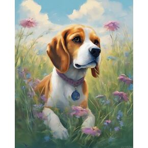 Zuvrdiai Puppy Paint by Numbers ، Beagle Dog on Flower Meadow ، مجموعات الطلاء تشمل فرشاة الطلاء والطلاء ، ديكور فني لعشاق الكلاب ، 40x50 سم ، لا إطار
