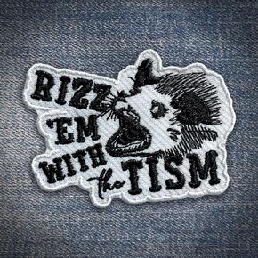 Rizz Em with The Tism Patch Opossum Meme Embroidered Patches 3" Funny Possum Iron On Embroidery Patch for Caps, Bags, Backpacks, Hat, Jackets, Uniform DIY Patch Gifts 3 Inches