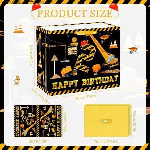 Construction 3rd Birthday Gift Bag White Gold Dump Truck Vehicle Third Birthday Wrapping Bag with Tissue Paper Card for Boys Excavator Crane Digger 3 Years Old Anniversary Party Favors in Saudi Arabia