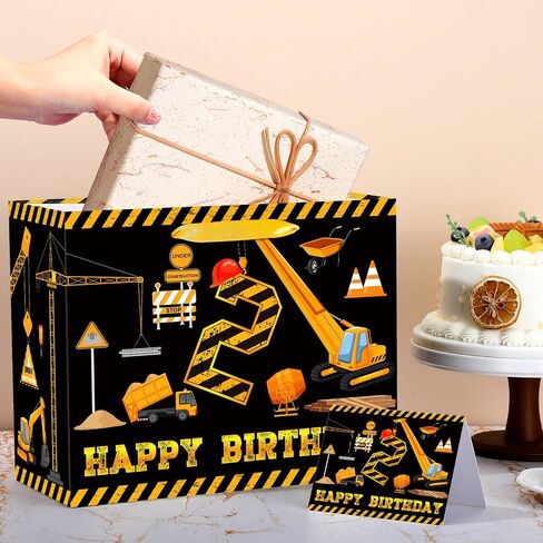 Construction 3rd Birthday Gift Bag White Gold Dump Truck Vehicle Third Birthday Wrapping Bag with Tissue Paper Card for Boys Excavator Crane Digger 3 Years Old Anniversary Party Favors in Saudi Arabia