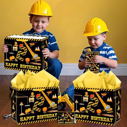 Construction 3rd Birthday Gift Bag White Gold Dump Truck Vehicle Third Birthday Wrapping Bag with Tissue Paper Card for Boys Excavator Crane Digger 3 Years Old Anniversary Party Favors in Saudi Arabia