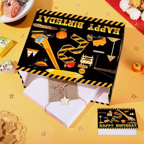 Construction 3rd Birthday Gift Bag White Gold Dump Truck Vehicle Third Birthday Wrapping Bag with Tissue Paper Card for Boys Excavator Crane Digger 3 Years Old Anniversary Party Favors in Saudi Arabia