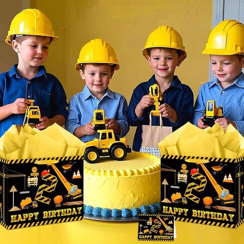 Construction 3rd Birthday Gift Bag White Gold Dump Truck Vehicle Third Birthday Wrapping Bag with Tissue Paper Card for Boys Excavator Crane Digger 3 Years Old Anniversary Party Favors in Saudi Arabia