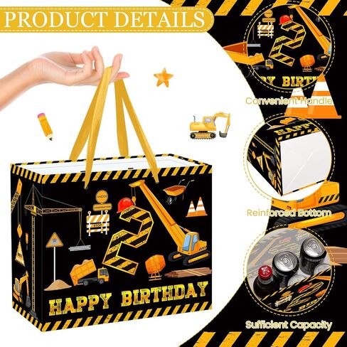Construction 3rd Birthday Gift Bag White Gold Dump Truck Vehicle Third Birthday Wrapping Bag with Tissue Paper Card for Boys Excavator Crane Digger 3 Years Old Anniversary Party Favors in Saudi Arabia