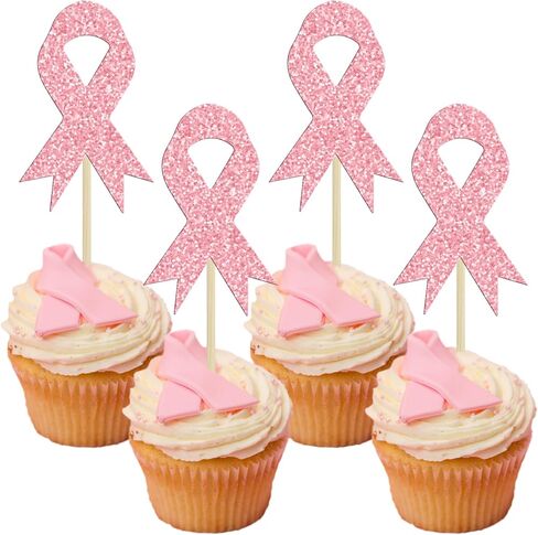 Gyufise 24pc Breast Cancer Awareness Cupcake Toppers - Glitter Pink Ribbon Cupcake Picks - Fight Believe Hope Decorations for Pink Ribbon Breast Cancer Party in Saudi Arabia