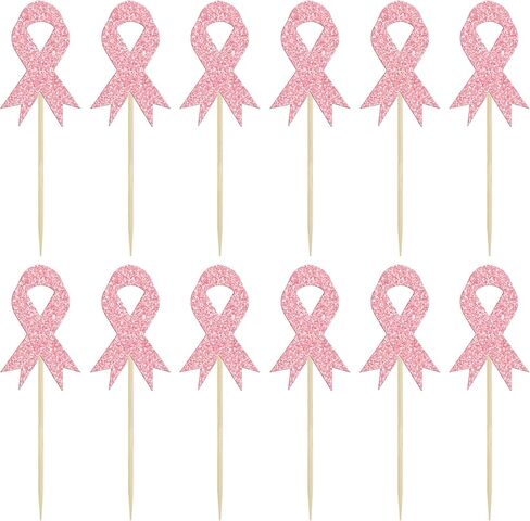 Gyufise 24pc Breast Cancer Awareness Cupcake Toppers - Glitter Pink Ribbon Cupcake Picks - Fight Believe Hope Decorations for Pink Ribbon Breast Cancer Party in Saudi Arabia