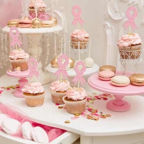 Gyufise 24pc Breast Cancer Awareness Cupcake Toppers - Glitter Pink Ribbon Cupcake Picks - Fight Believe Hope Decorations for Pink Ribbon Breast Cancer Party in Saudi Arabia
