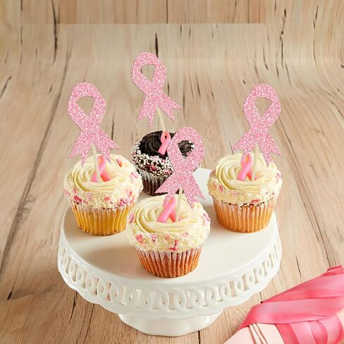 Gyufise 24pc Breast Cancer Awareness Cupcake Toppers - Glitter Pink Ribbon Cupcake Picks - Fight Believe Hope Decorations for Pink Ribbon Breast Cancer Party in Saudi Arabia