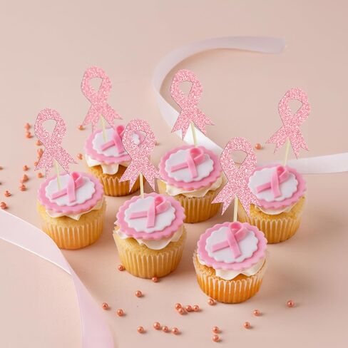 Gyufise 24pc Breast Cancer Awareness Cupcake Toppers - Glitter Pink Ribbon Cupcake Picks - Fight Believe Hope Decorations for Pink Ribbon Breast Cancer Party in Saudi Arabia