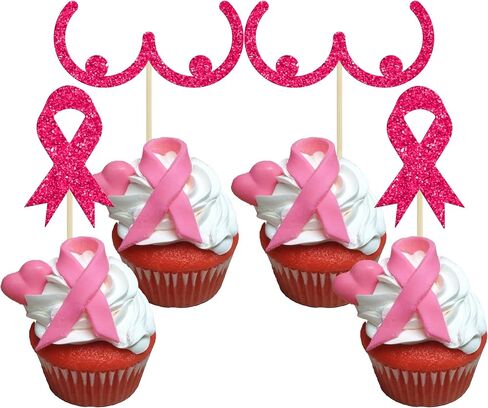 Gyufise 24pc Breast Cancer Awareness Cupcake Toppers - Glitter Pink Ribbon Cupcake Picks - Fight Believe Hope Decorations for Pink Ribbon Breast Cancer Party in Saudi Arabia