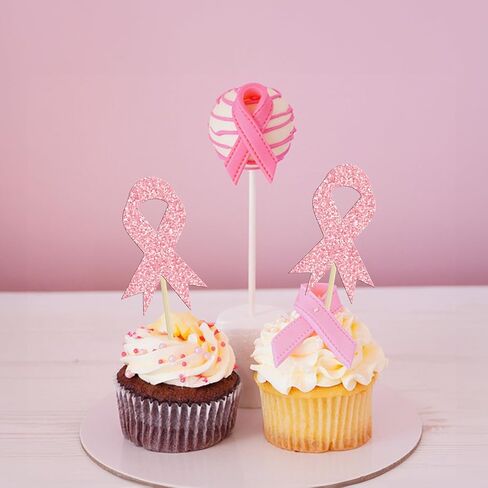 Gyufise 24pc Breast Cancer Awareness Cupcake Toppers - Glitter Pink Ribbon Cupcake Picks - Fight Believe Hope Decorations for Pink Ribbon Breast Cancer Party in Saudi Arabia