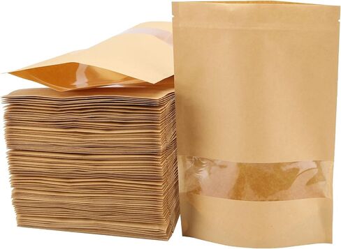 100pcs 3.5 x 5.5 inch Kraft Paper Treat Bags with Window Ziplock Stand Up Pouches for Food Storage Cookies Snacks Tea Packing in Saudi Arabia