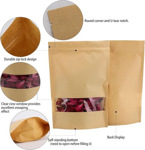 100pcs 3.5 x 5.5 inch Kraft Paper Treat Bags with Window Ziplock Stand Up Pouches for Food Storage Cookies Snacks Tea Packing in Saudi Arabia