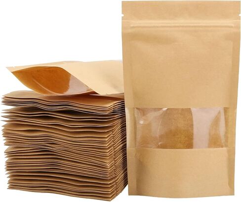 100pcs 3.5 x 5.5 inch Kraft Paper Treat Bags with Window Ziplock Stand Up Pouches for Food Storage Cookies Snacks Tea Packing in Saudi Arabia