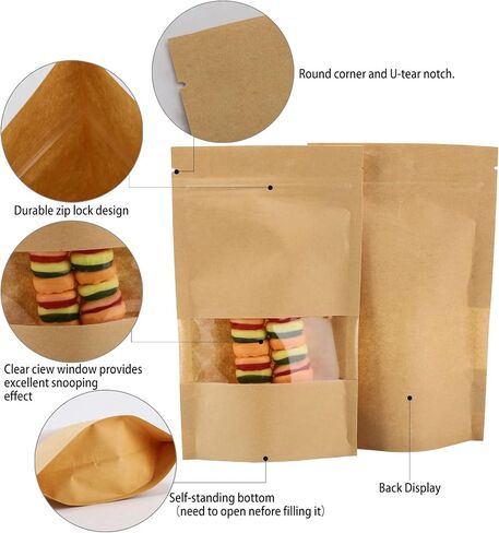 100pcs 3.5 x 5.5 inch Kraft Paper Treat Bags with Window Ziplock Stand Up Pouches for Food Storage Cookies Snacks Tea Packing in Saudi Arabia