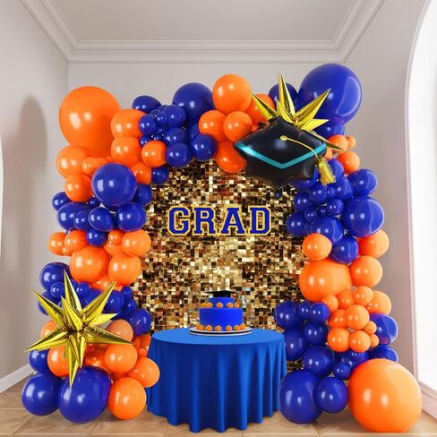 Orange and blue Graduation Balloon Garland Arch Kit with foil star crown graduation cap balloons for School students graduate class of 2025 Prom Party Decorations (Royal Blue Orange) in Kuwait