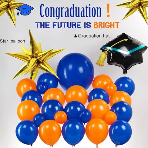 Orange and blue Graduation Balloon Garland Arch Kit with foil star crown graduation cap balloons for School students graduate class of 2025 Prom Party Decorations (Royal Blue Orange) in Kuwait