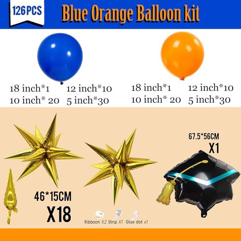 Orange and blue Graduation Balloon Garland Arch Kit with foil star crown graduation cap balloons for School students graduate class of 2025 Prom Party Decorations (Royal Blue Orange) in Kuwait