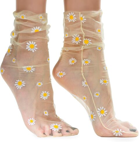 AVIAN LEGS Pale Lavender Translucent Daisy Socks Women Fashion Sheer Socks - See Through Mesh Socks for Women - Floral Tulle Socks in Saudi Arabia