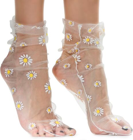 AVIAN LEGS Pale Lavender Translucent Daisy Socks Women Fashion Sheer Socks - See Through Mesh Socks for Women - Floral Tulle Socks in Saudi Arabia