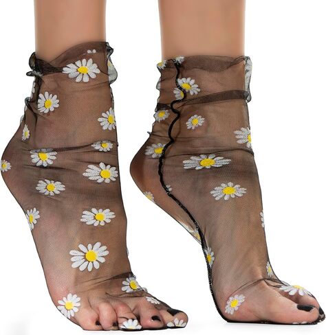 AVIAN LEGS Pale Lavender Translucent Daisy Socks Women Fashion Sheer Socks - See Through Mesh Socks for Women - Floral Tulle Socks in Kuwait