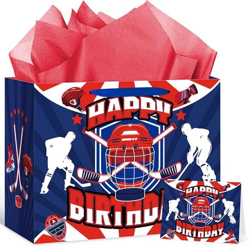 Hockey Birthday Gift Bag for Boys Girls Kids Teens Large Hockey Party Favor Gift Bag with Hockey Birthday Wrapping Paper Card for Sport Themed Hockey Bday Decorations Party Supplies in Kuwait