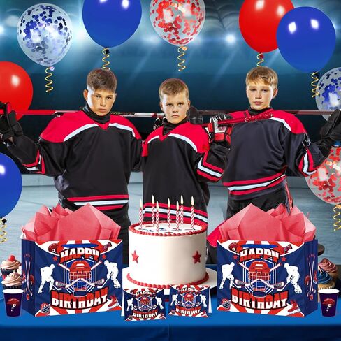 Hockey Birthday Gift Bag for Boys Girls Kids Teens Large Hockey Party Favor Gift Bag with Hockey Birthday Wrapping Paper Card for Sport Themed Hockey Bday Decorations Party Supplies in Kuwait
