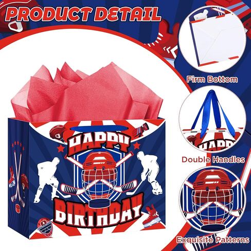 Hockey Birthday Gift Bag for Boys Girls Kids Teens Large Hockey Party Favor Gift Bag with Hockey Birthday Wrapping Paper Card for Sport Themed Hockey Bday Decorations Party Supplies in Kuwait