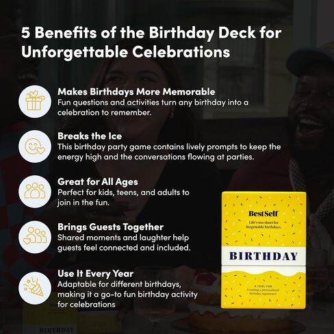 BestSelf Co. Baraja Cumpleaños – 75 Conversation Cards & Activities for Unforgettable Birthday Celebrations | Fun, Meaningful, and Engaging Party Game for Friends, Couples, Family | Spanish Version in Saudi Arabia