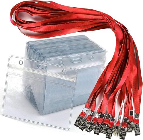 Ollain Lanyards with ID Badge Holder 50 Pack Clear Waterproof Plastic Horizontal Name Tags Badge ID Card Holders and 50 Pcs Flat Neck Lanyards with Bulldog Clip (Red, Horizontal) in Kuwait