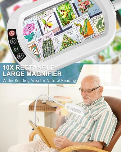 10X Rectangle Magnifying Glass with Light and Stand, 24" Flexible Gooseneck 3-in-1 Floor Lamp, 5 Color Modes Stepless Dimmable, LED Lighted Hands Free Magnifier for Reading Crafts Painting Close Work in Kuwait