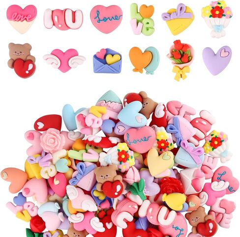 130PCS Valentine’s Day Resin Embellishments, Kalolary Valentine Resin Flatback Miniature Heart Bear Resin Charms Ornaments Kawaii Love Craft Decoration for Craft Scrapbook Phone Case DIY Making in Kuwait