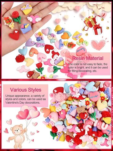 130PCS Valentine’s Day Resin Embellishments, Kalolary Valentine Resin Flatback Miniature Heart Bear Resin Charms Ornaments Kawaii Love Craft Decoration for Craft Scrapbook Phone Case DIY Making in Kuwait