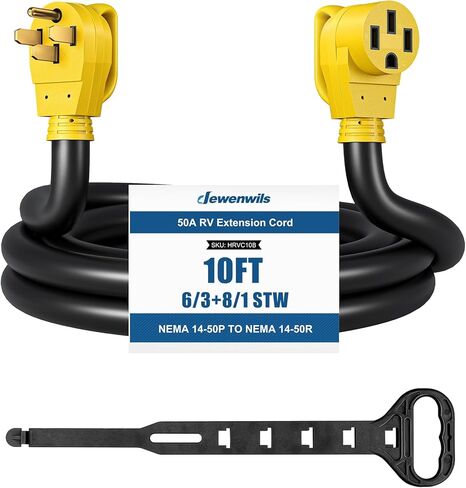 سلك تمديد DEWENWILS 50 أمبير RV، 125/250VAC 12500W سلك طاقة EV شديد التحمل، NEMA 14-50P إلى 14-50R 6/3+8/1 سلك نحاسي، كابل طاقة مقاوم للماء في الهواء الطلق STW، لـ RV، EV، العربة، 10 أقدام ، ETL مدرج in Kuwait