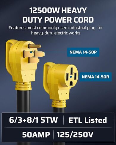 سلك تمديد DEWENWILS 50 أمبير RV، 125/250VAC 12500W سلك طاقة EV شديد التحمل، NEMA 14-50P إلى 14-50R 6/3+8/1 سلك نحاسي، كابل طاقة مقاوم للماء في الهواء الطلق STW، لـ RV، EV، العربة، 10 أقدام ، ETL مدرج in Kuwait