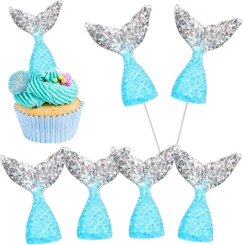 RSSTARXI 24 Pack Mermaid Cupcake Toppers - التماثيل ذات الأزرق الأكريلي 3D لزخارف الكيك ، ديكورات الحفلات ، دش الطفل ، عيد ميلاد - الفضة الأزرق in Kuwait