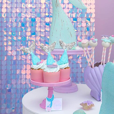 RSSTARXI 24 Pack Mermaid Cupcake Toppers - التماثيل ذات الأزرق الأكريلي 3D لزخارف الكيك ، ديكورات الحفلات ، دش الطفل ، عيد ميلاد - الفضة الأزرق in Kuwait