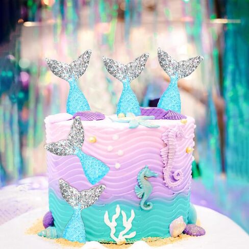 RSSTARXI 24 Pack Mermaid Cupcake Toppers - التماثيل ذات الأزرق الأكريلي 3D لزخارف الكيك ، ديكورات الحفلات ، دش الطفل ، عيد ميلاد - الفضة الأزرق in Kuwait