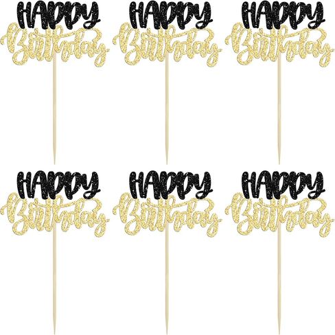 Gyufise 24pcs Glitter عيد ميلاد سعيد وكعكة توبيبر ديكورات للأطفال لوازم الأطفال - أسود in Kuwait