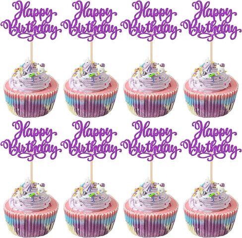 ZHUOWEISM 24 PCS Happy Birthday & Anniversary Cake Toppers - Purple Glitter, 24 Count, 2.7 x 4.3 Inch, Perfect for Cupcakes & Cakes in Saudi Arabia