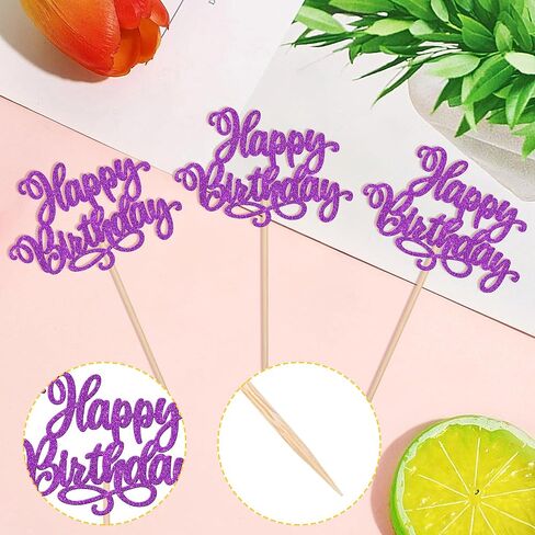 ZHUOWEISM 24 PCS Happy Birthday & Anniversary Cake Toppers - Purple Glitter, 24 Count, 2.7 x 4.3 Inch, Perfect for Cupcakes & Cakes in Saudi Arabia