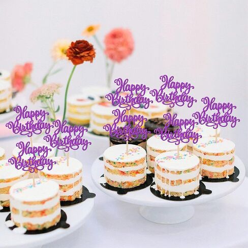ZHUOWEISM 24 PCS Happy Birthday & Anniversary Cake Toppers - Purple Glitter, 24 Count, 2.7 x 4.3 Inch, Perfect for Cupcakes & Cakes in Saudi Arabia