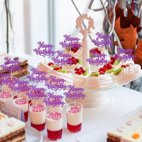 ZHUOWEISM 24 PCS Happy Birthday & Anniversary Cake Toppers - Purple Glitter, 24 Count, 2.7 x 4.3 Inch, Perfect for Cupcakes & Cakes in Saudi Arabia