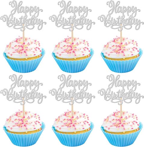 ZHUOWEISM 24 PCS Happy Birthday & Anniversary Cake Toppers - Purple Glitter, 24 Count, 2.7 x 4.3 Inch, Perfect for Cupcakes & Cakes in Saudi Arabia