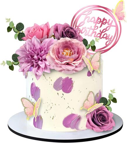 19 PCS Flower Cake Toppers Butterfly Happy Birthday Cake Decorations with Artificial Blue Rose Flowers Eucalyptus Butterflies for Party Wedding Baby Shower Supplies (Blue) in Kuwait