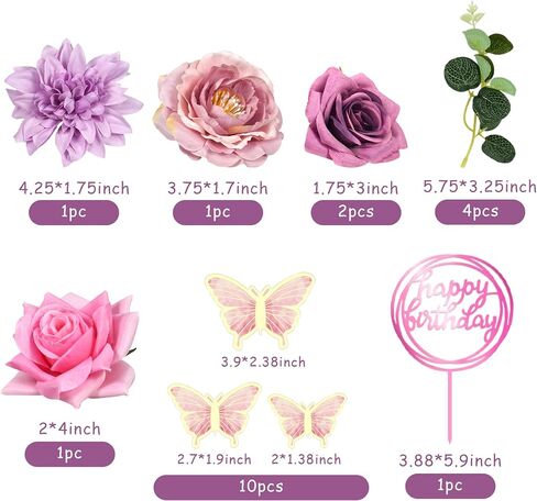 19 PCS Flower Cake Toppers Butterfly Happy Birthday Cake Decorations with Artificial Blue Rose Flowers Eucalyptus Butterflies for Party Wedding Baby Shower Supplies (Blue) in Kuwait