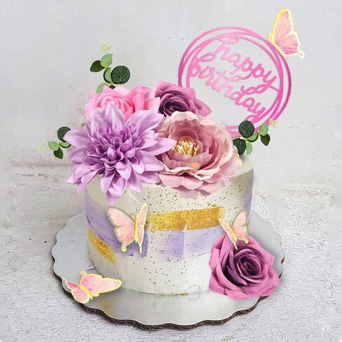 19 PCS Flower Cake Toppers Butterfly Happy Birthday Cake Decorations with Artificial Blue Rose Flowers Eucalyptus Butterflies for Party Wedding Baby Shower Supplies (Blue) in Kuwait