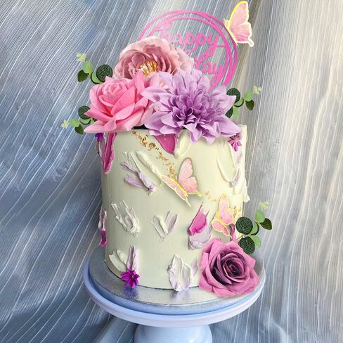 19 PCS Flower Cake Toppers Butterfly Happy Birthday Cake Decorations with Artificial Blue Rose Flowers Eucalyptus Butterflies for Party Wedding Baby Shower Supplies (Blue) in Kuwait
