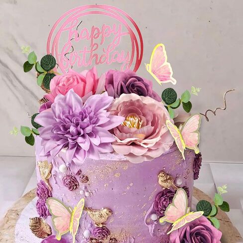 19 PCS Flower Cake Toppers Butterfly Happy Birthday Cake Decorations with Artificial Blue Rose Flowers Eucalyptus Butterflies for Party Wedding Baby Shower Supplies (Blue) in Kuwait